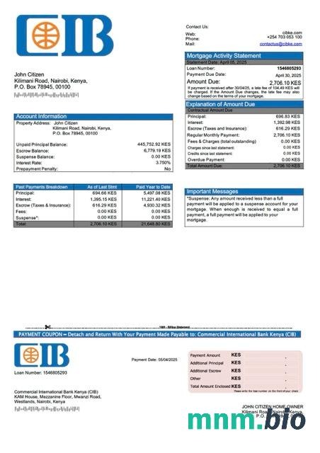 Kenia Commercial International Bank Kenia (CIB) wyciąg z kredytu hipotecznego szablon Word i PDF